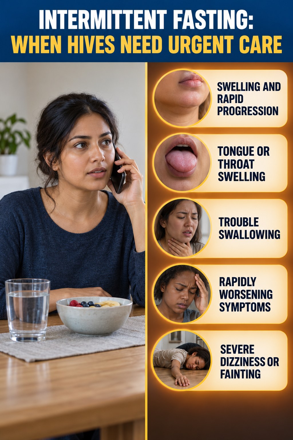 Swelling and Rapid Progression infographic for Intermittent Fasting, highlighting urgent breathing, throat, swelling, fainting, and rapid-progression warning signs without diagnosing hives.