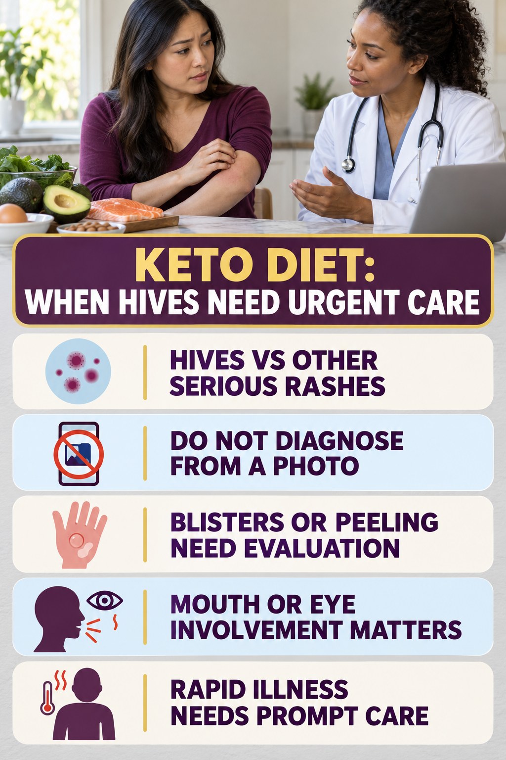 Hives vs Other Serious Rashes infographic for Keto Diet, highlighting urgent breathing, throat, swelling, fainting, and rapid-progression warning signs without diagnosing hives.