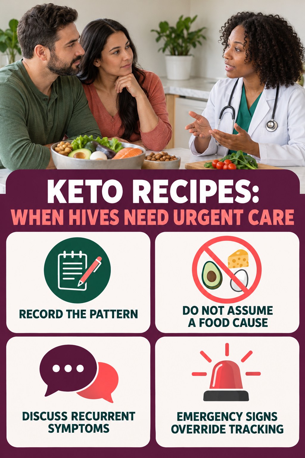 Recurrent Hives Conversation Guide infographic for Keto Recipes, highlighting urgent breathing, throat, swelling, fainting, and rapid-progression warning signs without diagnosing hives.