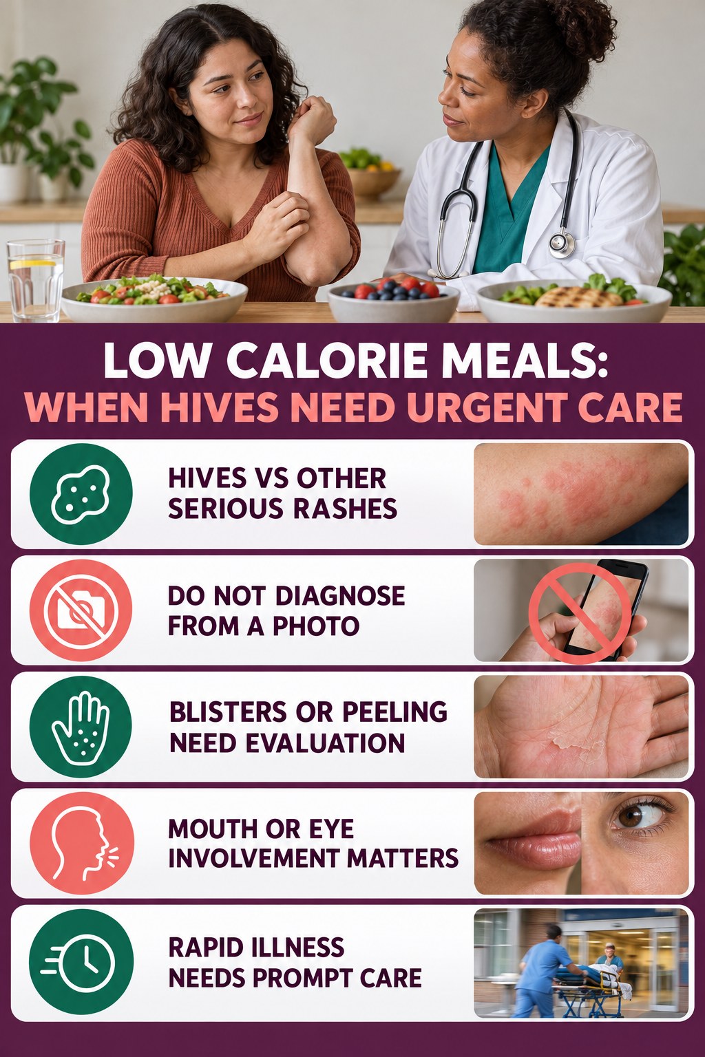 Hives vs Other Serious Rashes infographic for Low Calorie Meals, highlighting urgent breathing, throat, swelling, fainting, and rapid-progression warning signs without diagnosing hives.