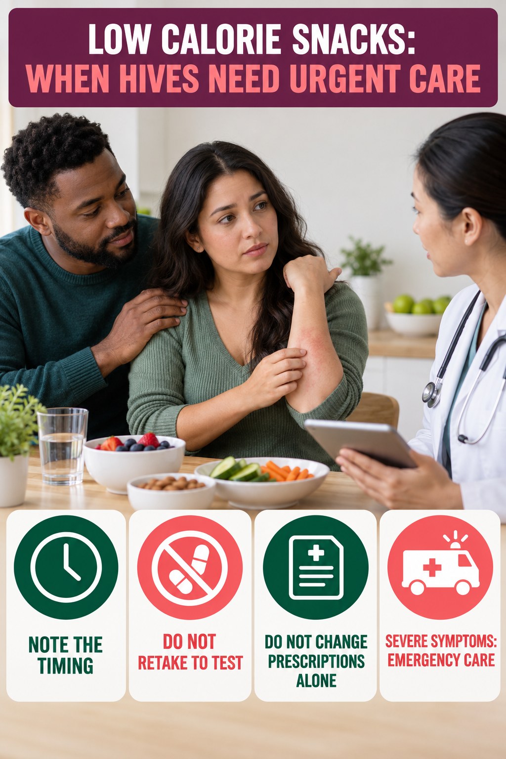 Medication-Timing Safety infographic for Low Calorie Snacks, highlighting urgent breathing, throat, swelling, fainting, and rapid-progression warning signs without diagnosing hives.