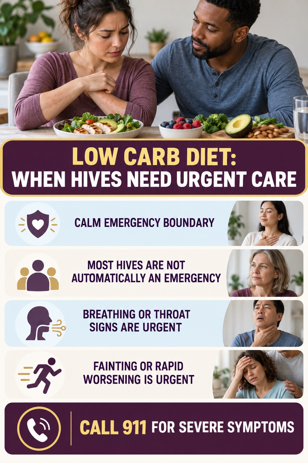 Calm Emergency Boundary infographic for Low Carb Diet, highlighting urgent breathing, throat, swelling, fainting, and rapid-progression warning signs without diagnosing hives.