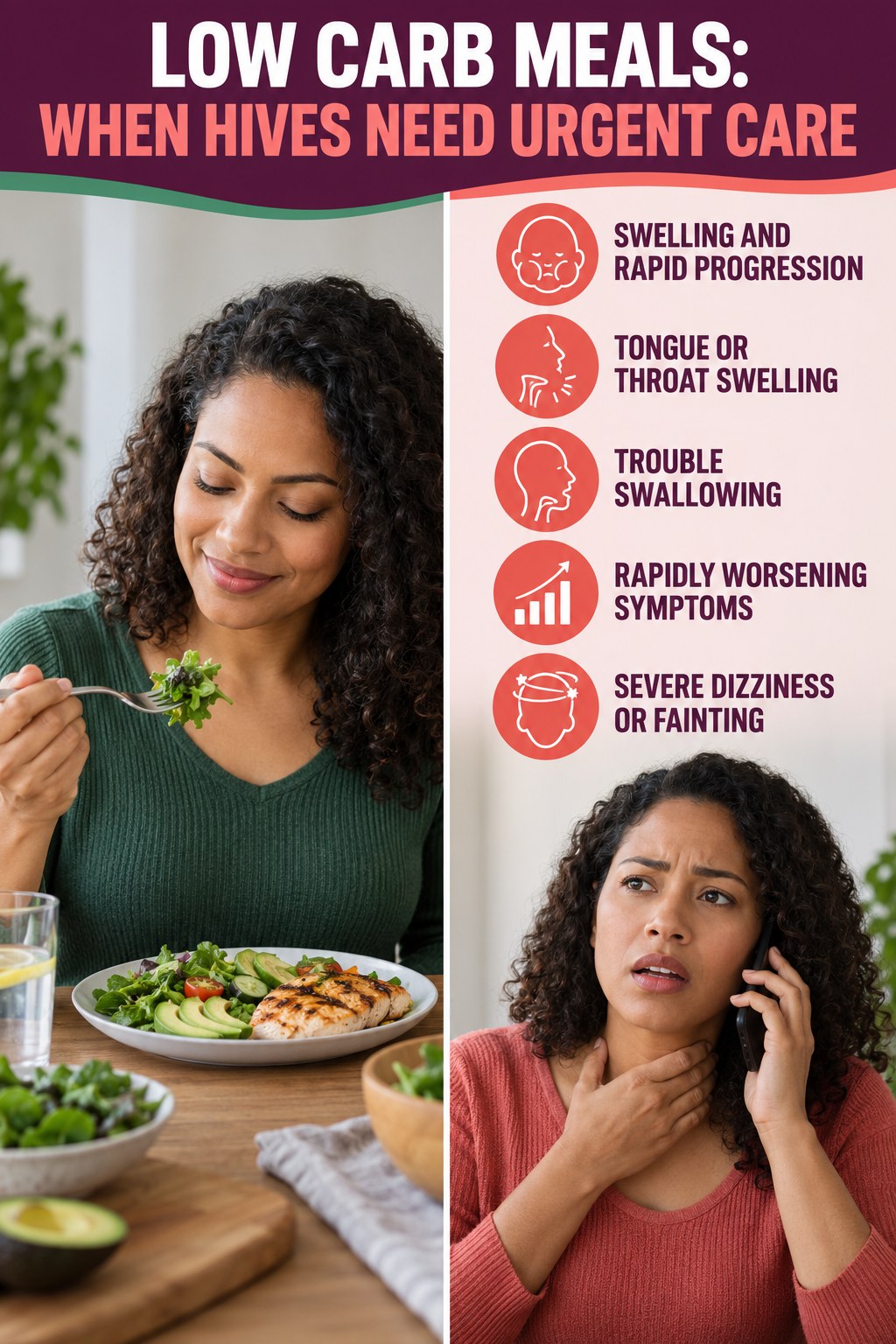 Swelling and Rapid Progression infographic for Low Carb Meals, highlighting urgent breathing, throat, swelling, fainting, and rapid-progression warning signs without diagnosing hives.