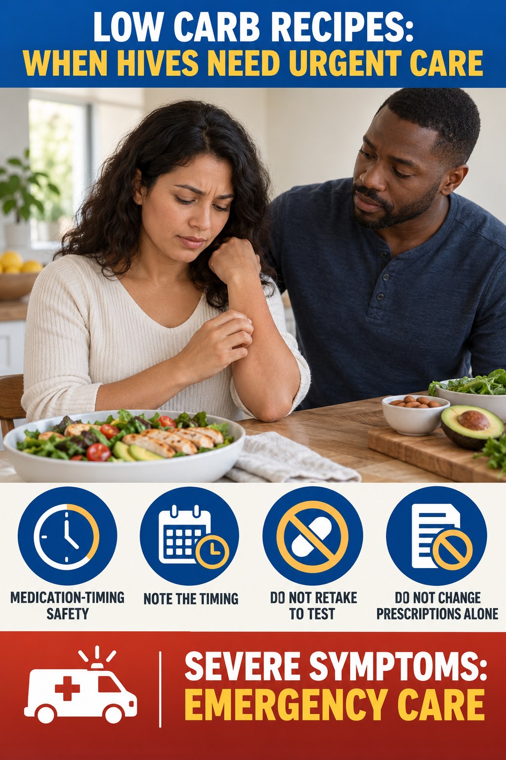 Medication-Timing Safety infographic for Low Carb Recipes, highlighting urgent breathing, throat, swelling, fainting, and rapid-progression warning signs without diagnosing hives.