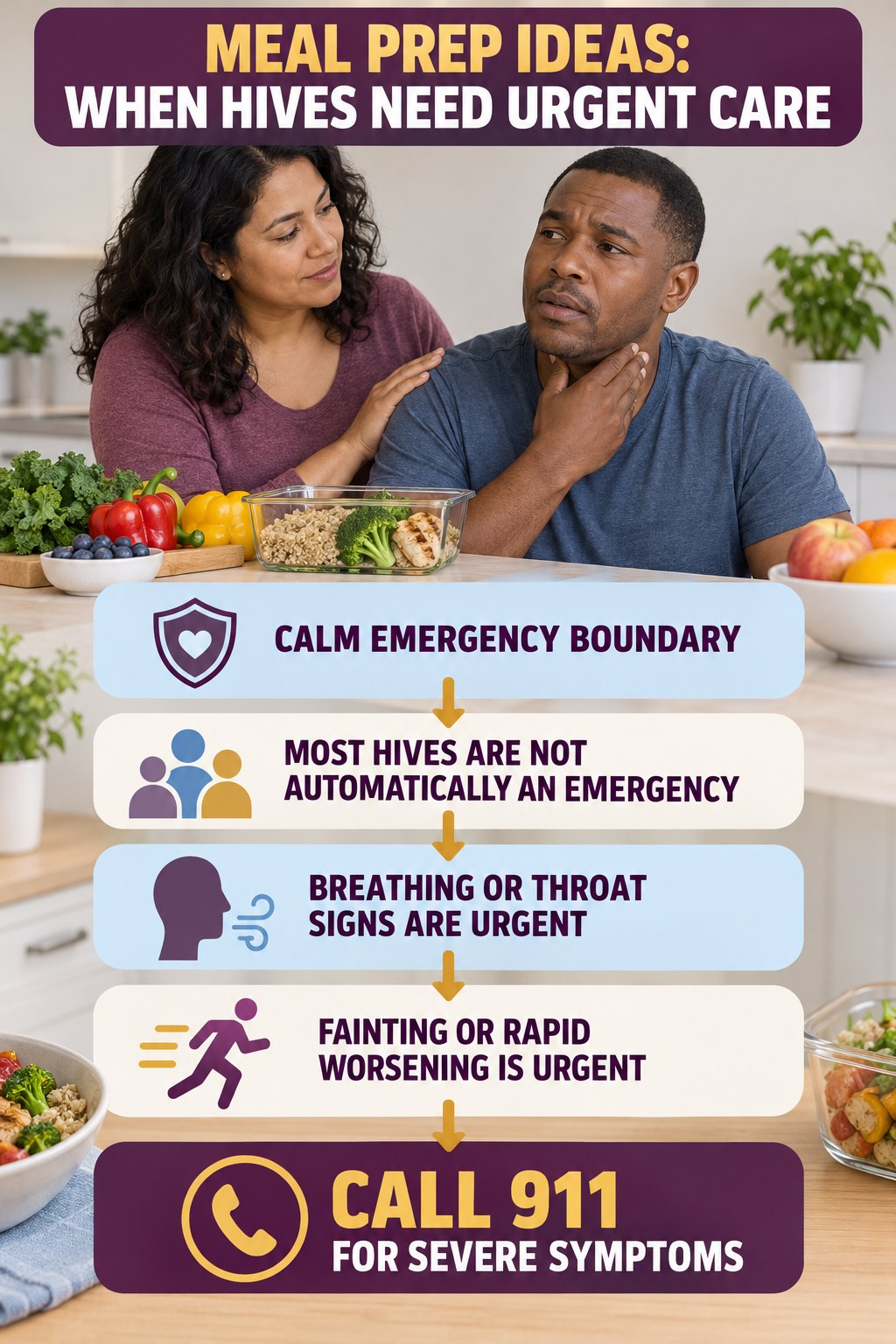 Calm Emergency Boundary infographic for Meal Prep Ideas, highlighting urgent breathing, throat, swelling, fainting, and rapid-progression warning signs without diagnosing hives.