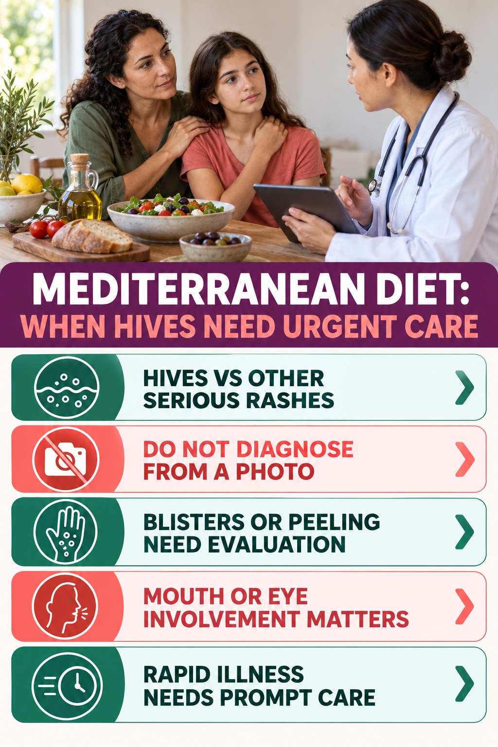 Hives vs Other Serious Rashes infographic for Mediterranean Diet, highlighting urgent breathing, throat, swelling, fainting, and rapid-progression warning signs without diagnosing hives.