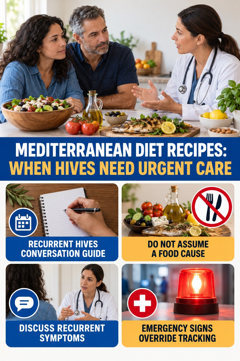 Recurrent Hives Conversation Guide infographic for Mediterranean Diet Recipes, highlighting urgent breathing, throat, swelling, fainting, and rapid-progression warning signs without diagnosing hives.