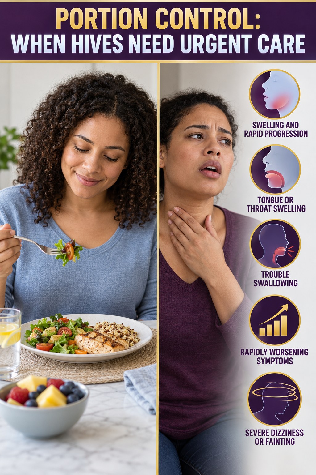 Swelling and Rapid Progression infographic for Portion Control, highlighting urgent breathing, throat, swelling, fainting, and rapid-progression warning signs without diagnosing hives.