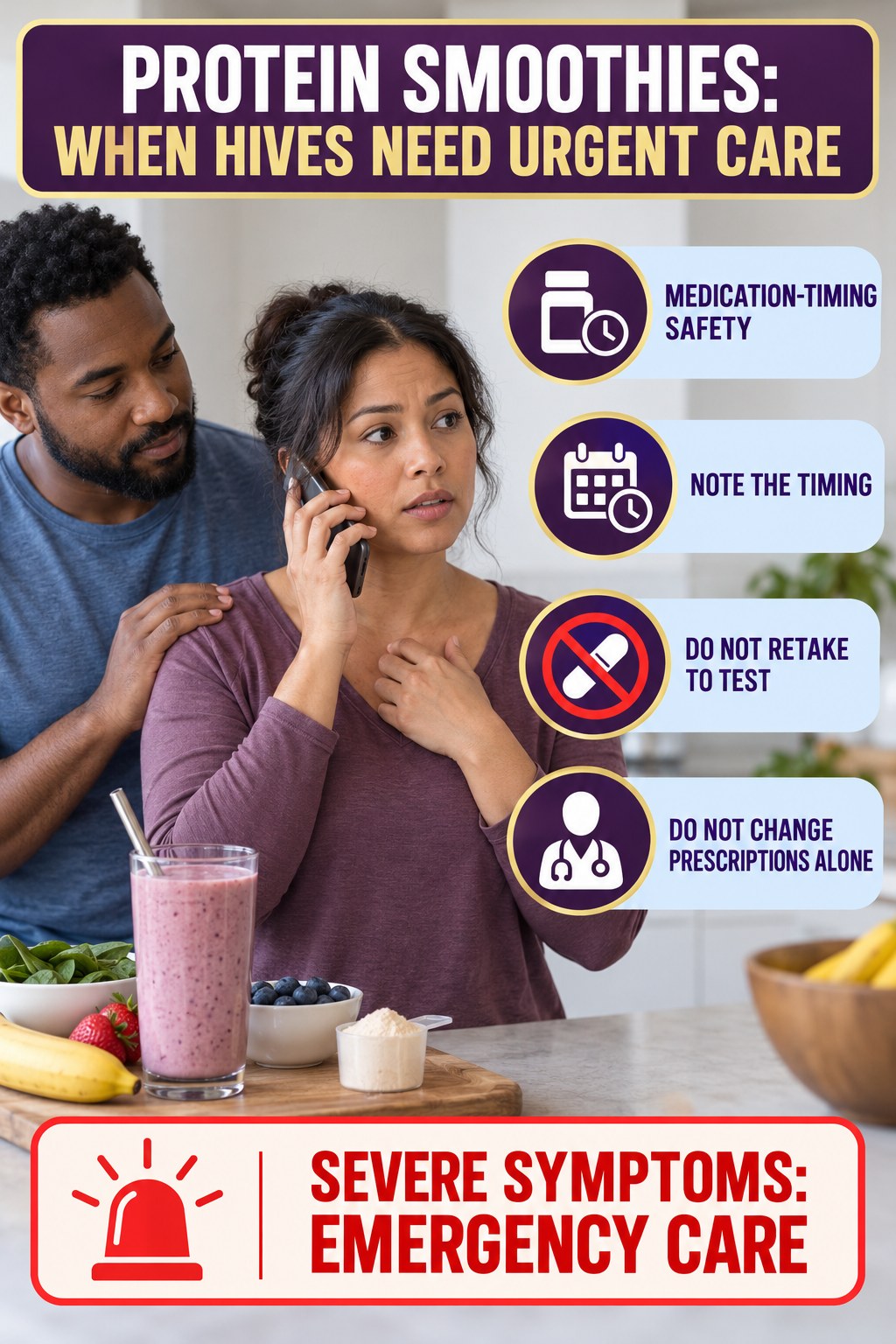 Medication-Timing Safety infographic for Protein Smoothies, highlighting urgent breathing, throat, swelling, fainting, and rapid-progression warning signs without diagnosing hives.
