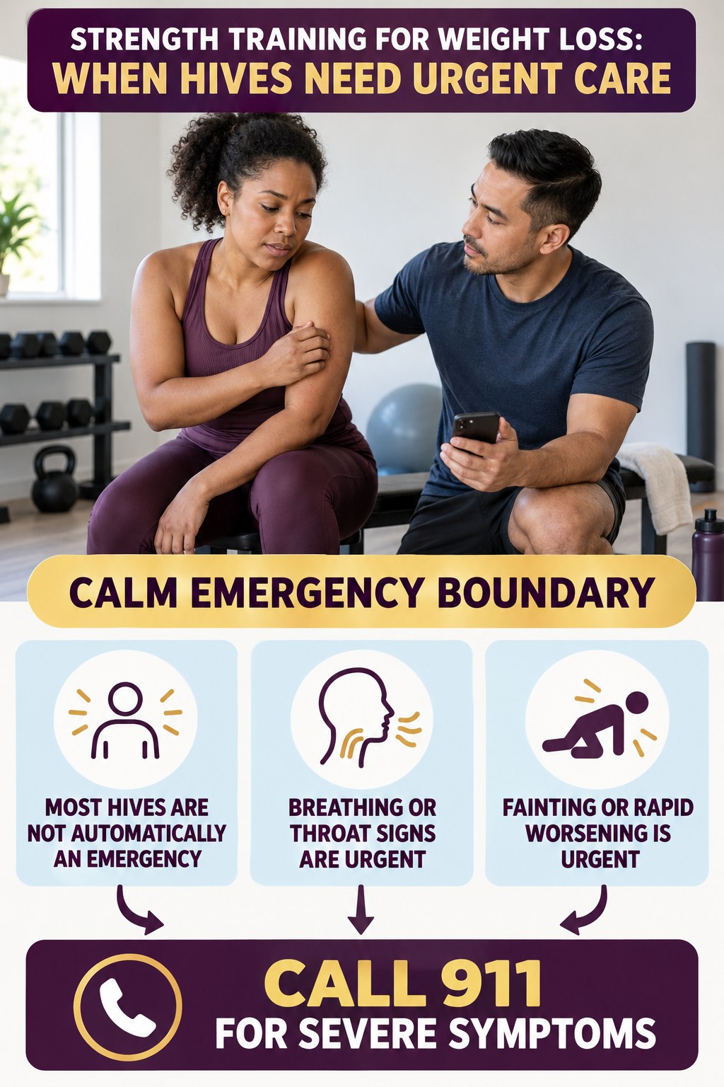 Calm Emergency Boundary infographic for Strength Training for Weight Loss, highlighting urgent breathing, throat, swelling, fainting, and rapid-progression warning signs without diagnosing hives.