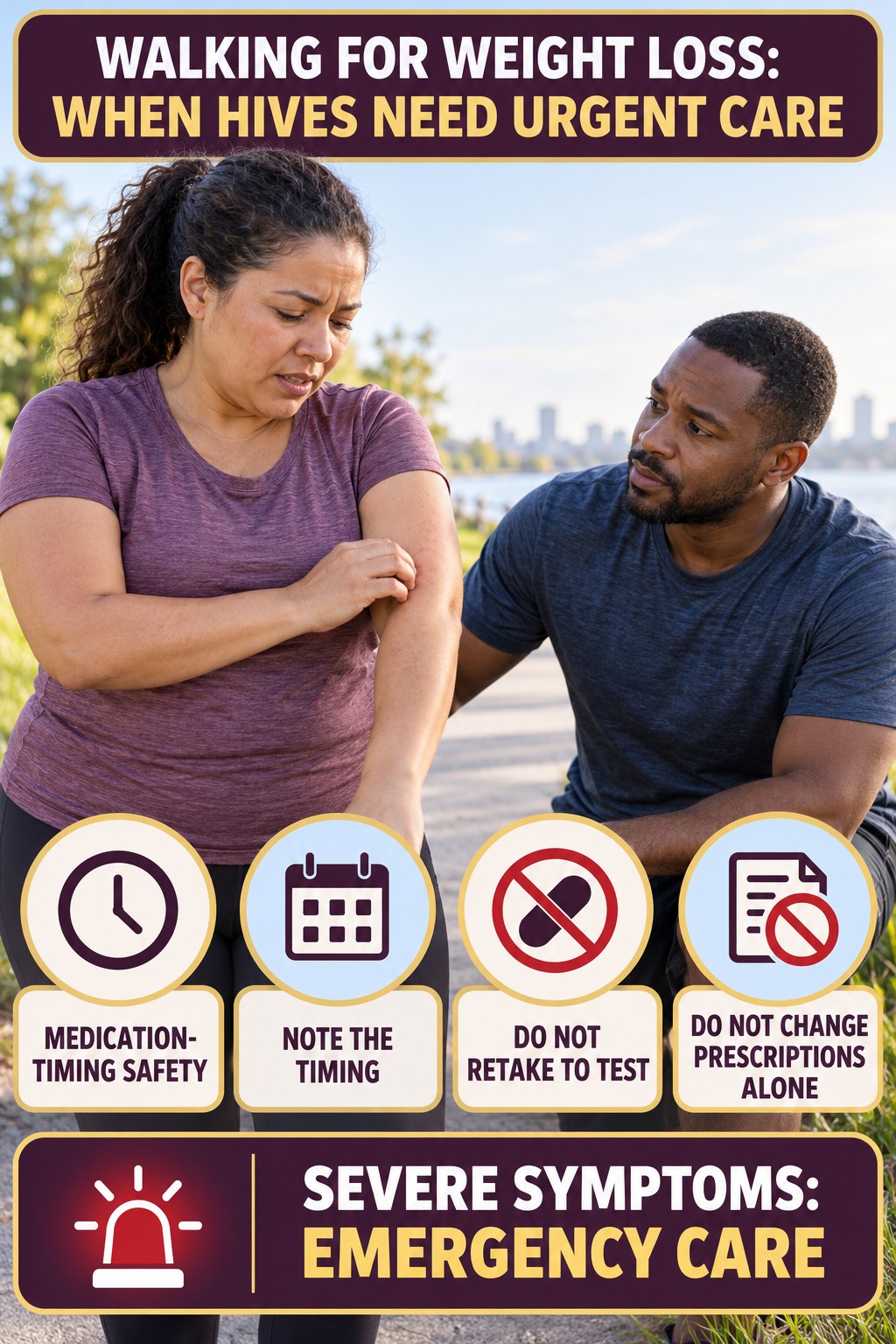 Medication-Timing Safety infographic for Walking for Weight Loss, highlighting urgent breathing, throat, swelling, fainting, and rapid-progression warning signs without diagnosing hives.