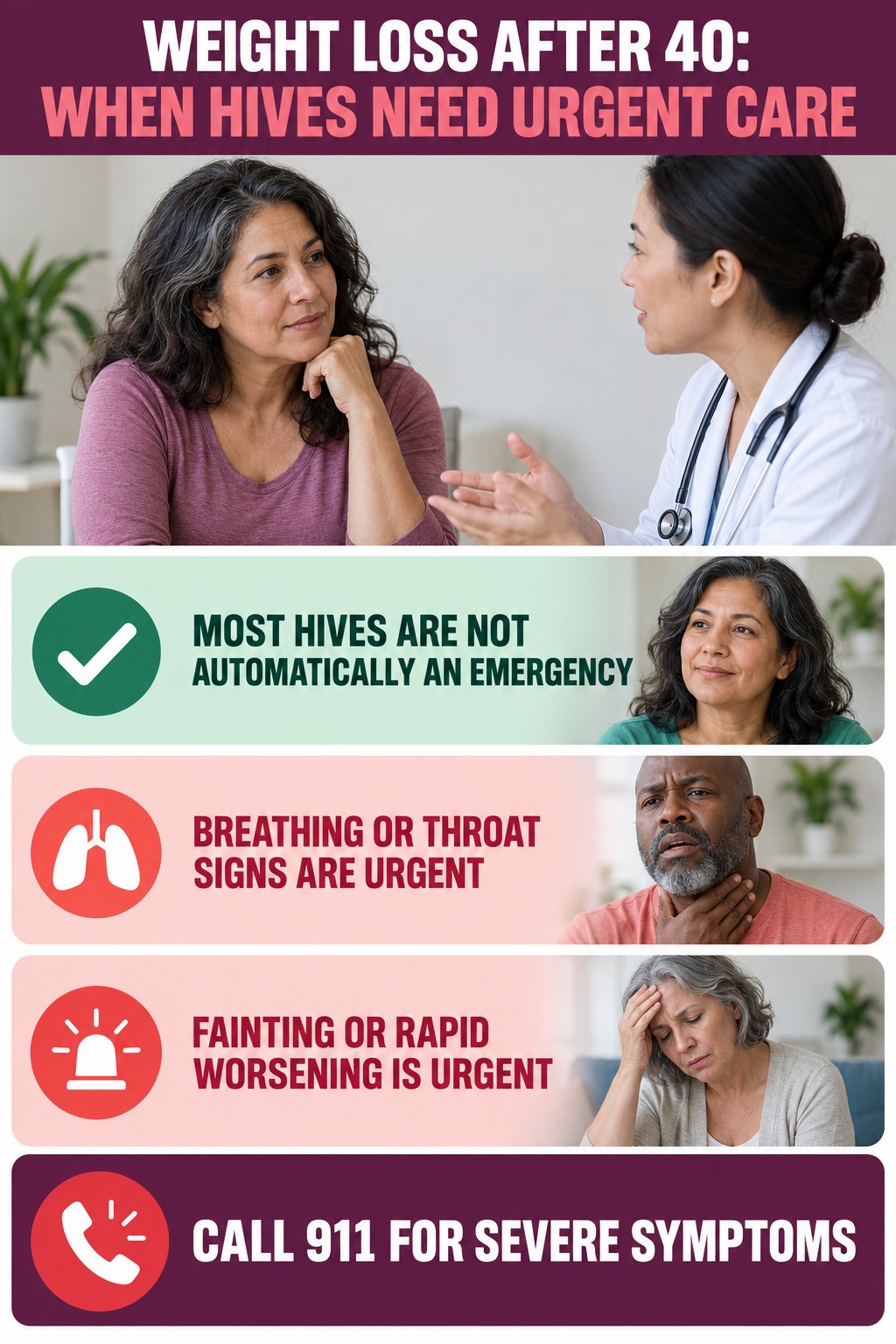 Calm Emergency Boundary infographic for Weight Loss After 40, highlighting urgent breathing, throat, swelling, fainting, and rapid-progression warning signs without diagnosing hives.