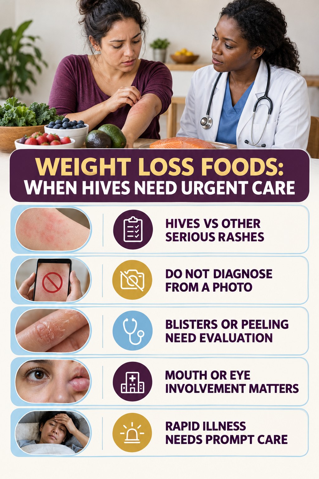 Hives vs Other Serious Rashes infographic for Weight Loss Foods, highlighting urgent breathing, throat, swelling, fainting, and rapid-progression warning signs without diagnosing hives.