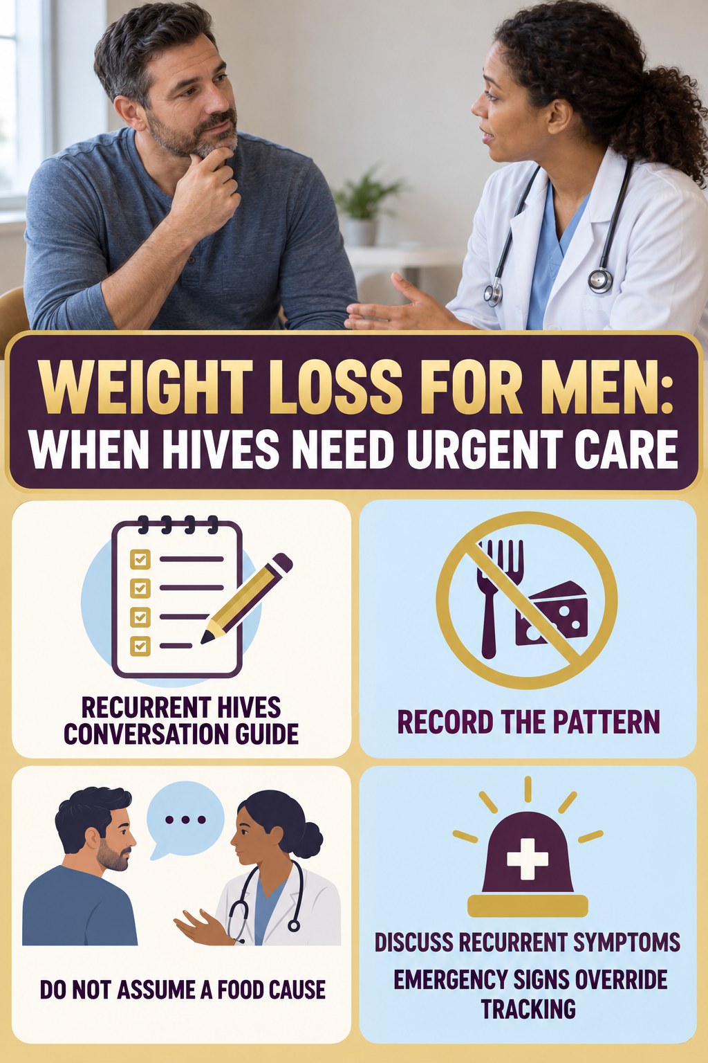 Recurrent Hives Conversation Guide infographic for Weight Loss for Men, highlighting urgent breathing, throat, swelling, fainting, and rapid-progression warning signs without diagnosing hives.