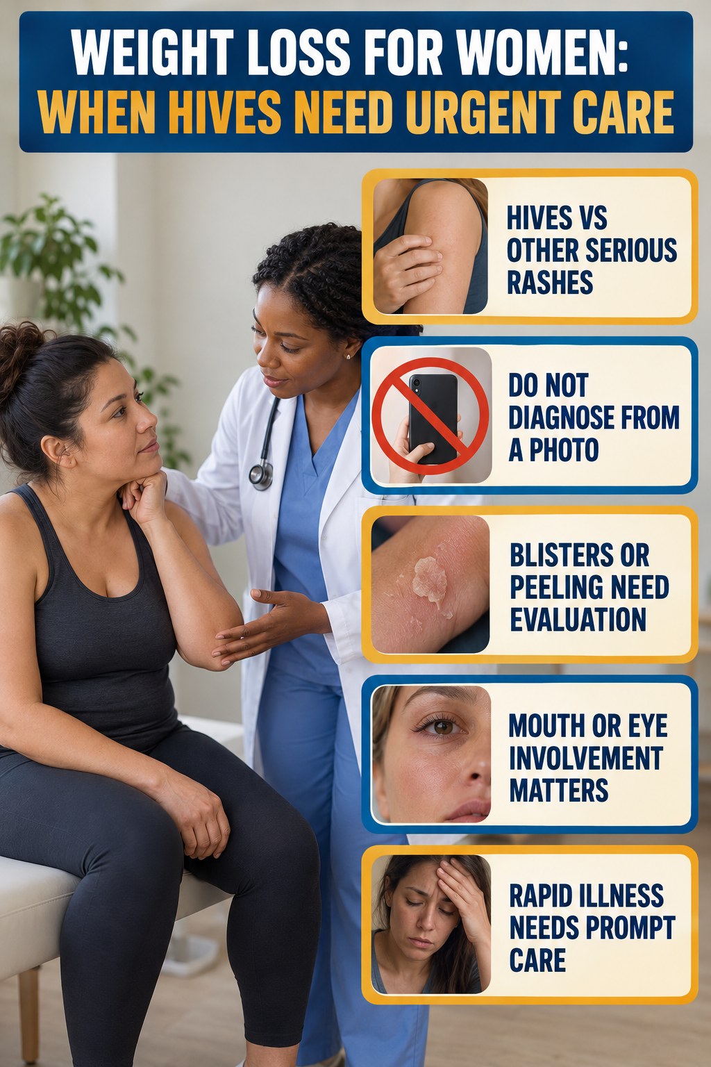 Hives vs Other Serious Rashes infographic for Weight Loss for Women, highlighting urgent breathing, throat, swelling, fainting, and rapid-progression warning signs without diagnosing hives.