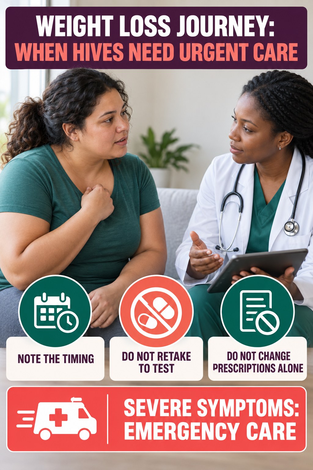 Medication-Timing Safety infographic for Weight Loss Journey, highlighting urgent breathing, throat, swelling, fainting, and rapid-progression warning signs without diagnosing hives.