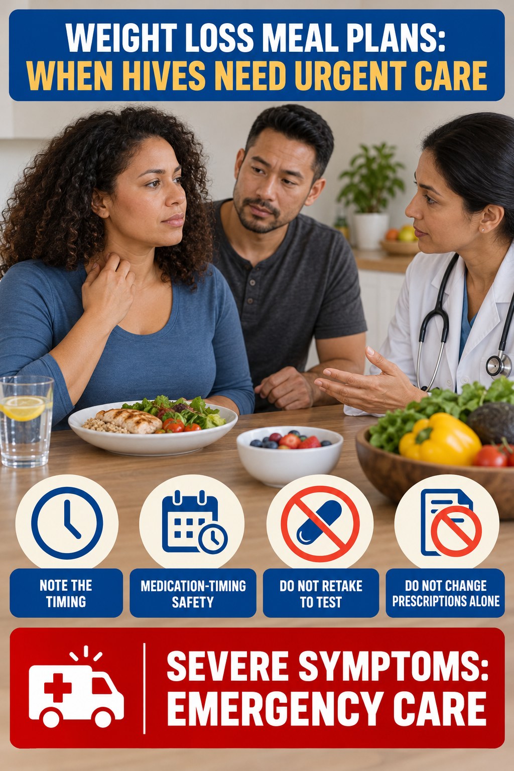 Medication-Timing Safety infographic for Weight Loss Meal Plans, highlighting urgent breathing, throat, swelling, fainting, and rapid-progression warning signs without diagnosing hives.