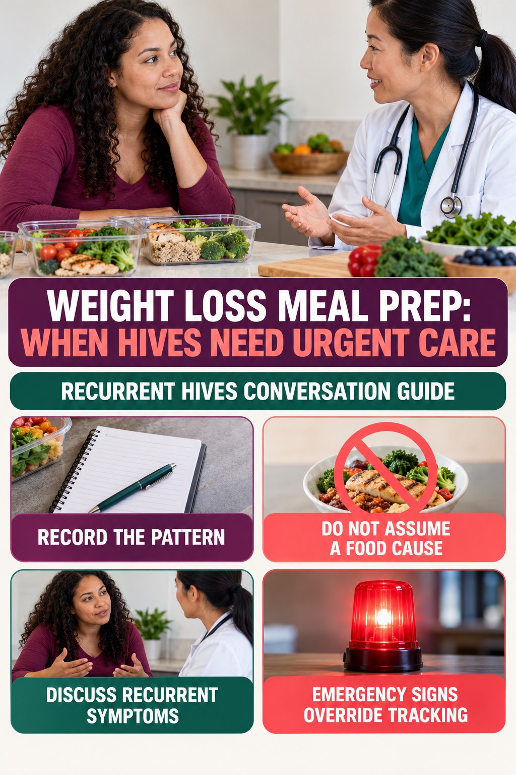 Recurrent Hives Conversation Guide infographic for Weight Loss Meal Prep, highlighting urgent breathing, throat, swelling, fainting, and rapid-progression warning signs without diagnosing hives.
