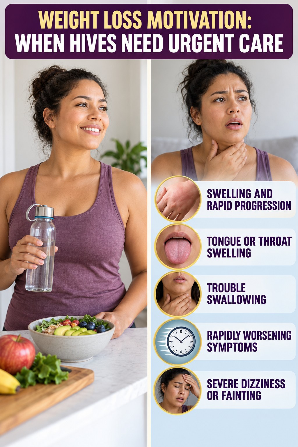 Swelling and Rapid Progression infographic for Weight Loss Motivation, highlighting urgent breathing, throat, swelling, fainting, and rapid-progression warning signs without diagnosing hives.