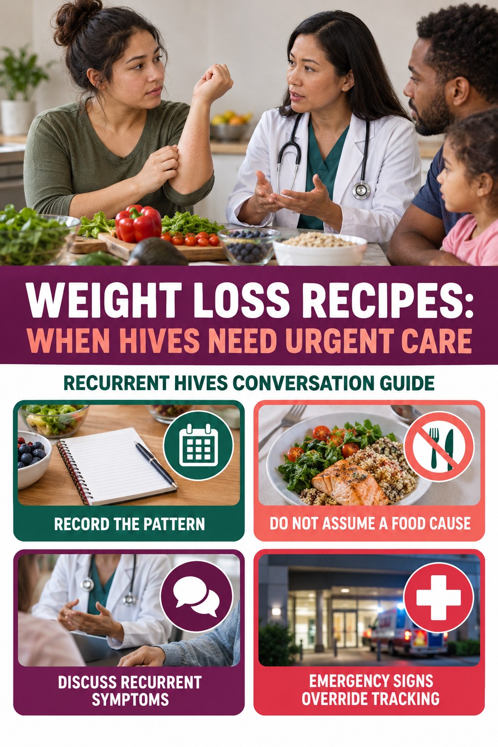 Recurrent Hives Conversation Guide infographic for Weight Loss Recipes, highlighting urgent breathing, throat, swelling, fainting, and rapid-progression warning signs without diagnosing hives.