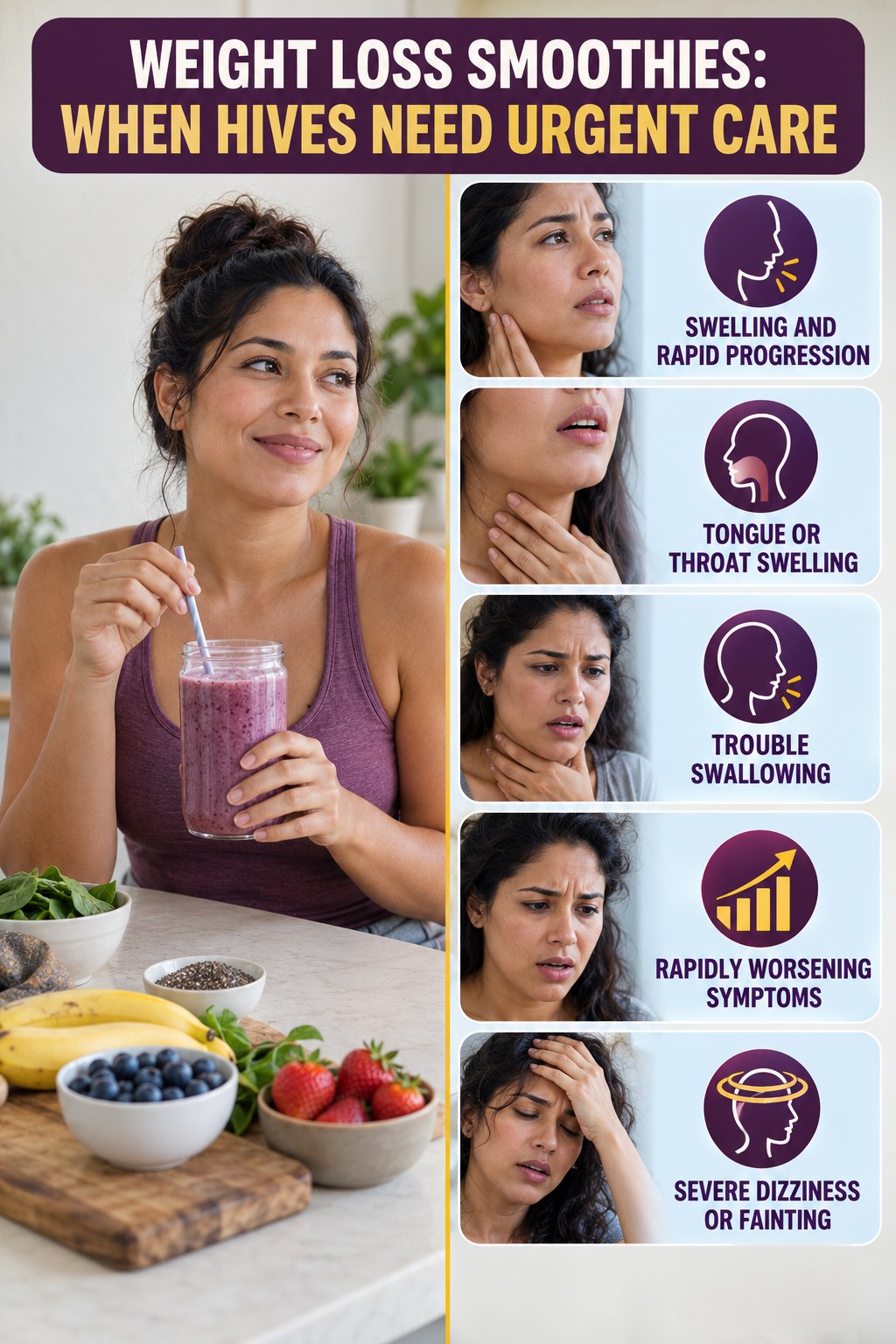 Swelling and Rapid Progression infographic for Weight Loss Smoothies, highlighting urgent breathing, throat, swelling, fainting, and rapid-progression warning signs without diagnosing hives.