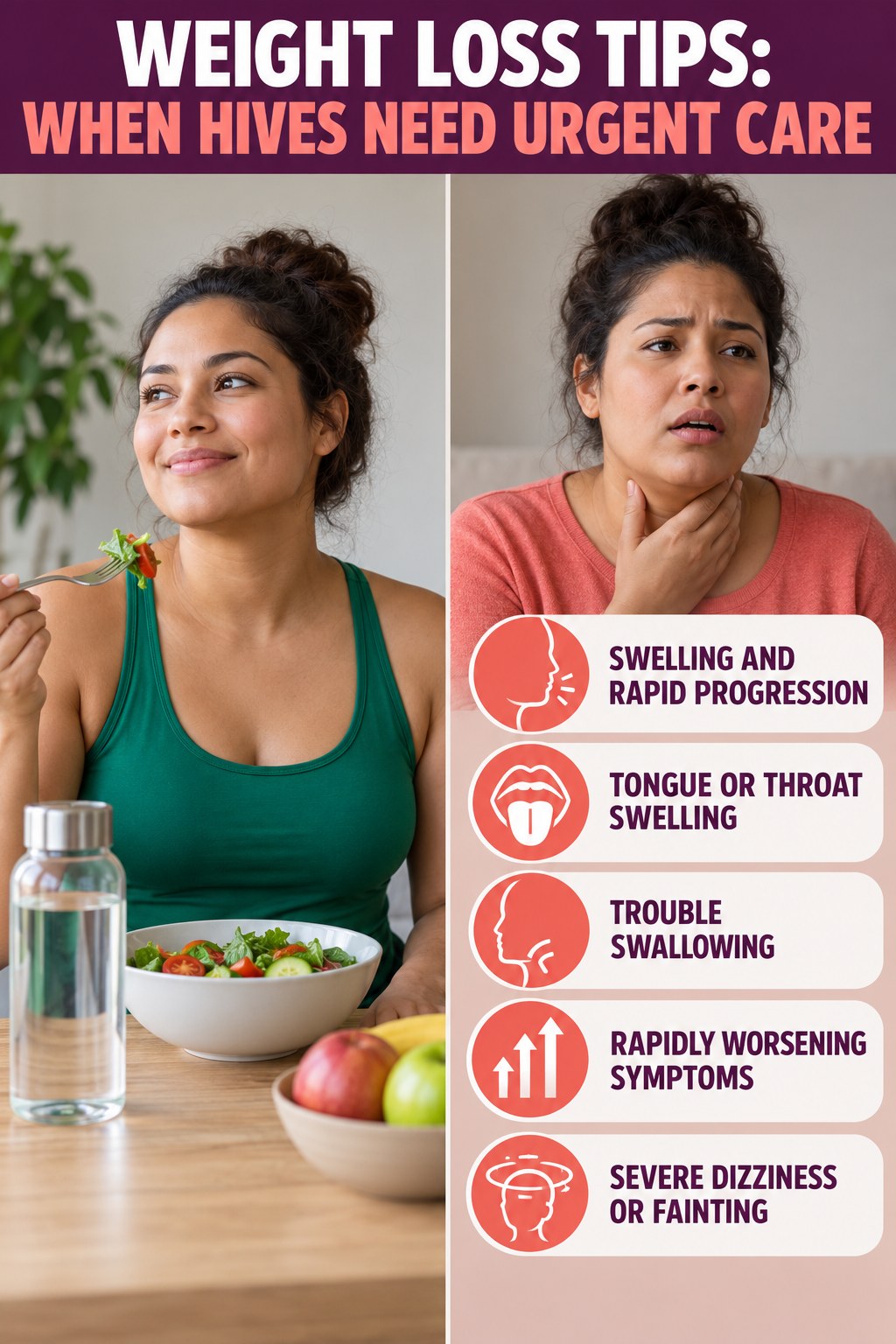 Swelling and Rapid Progression infographic for Weight Loss Tips, highlighting urgent breathing, throat, swelling, fainting, and rapid-progression warning signs without diagnosing hives.