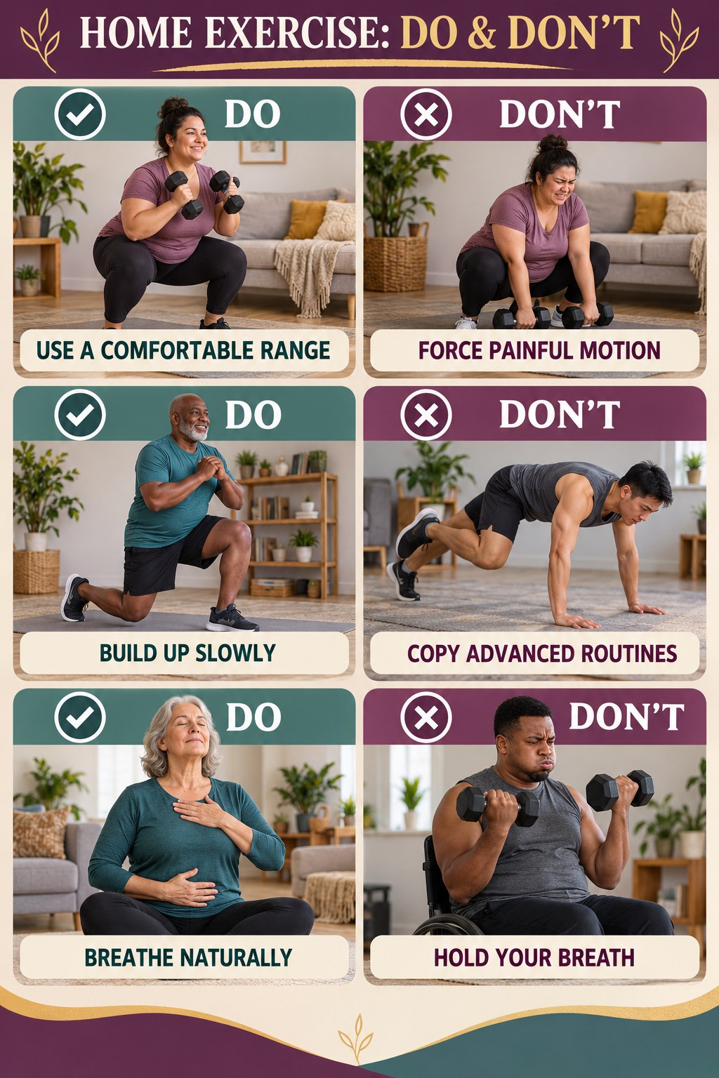 Strength Training for Weight Loss Do and Don’t comparison graphic showing three practical behavior pairs for home exercise.