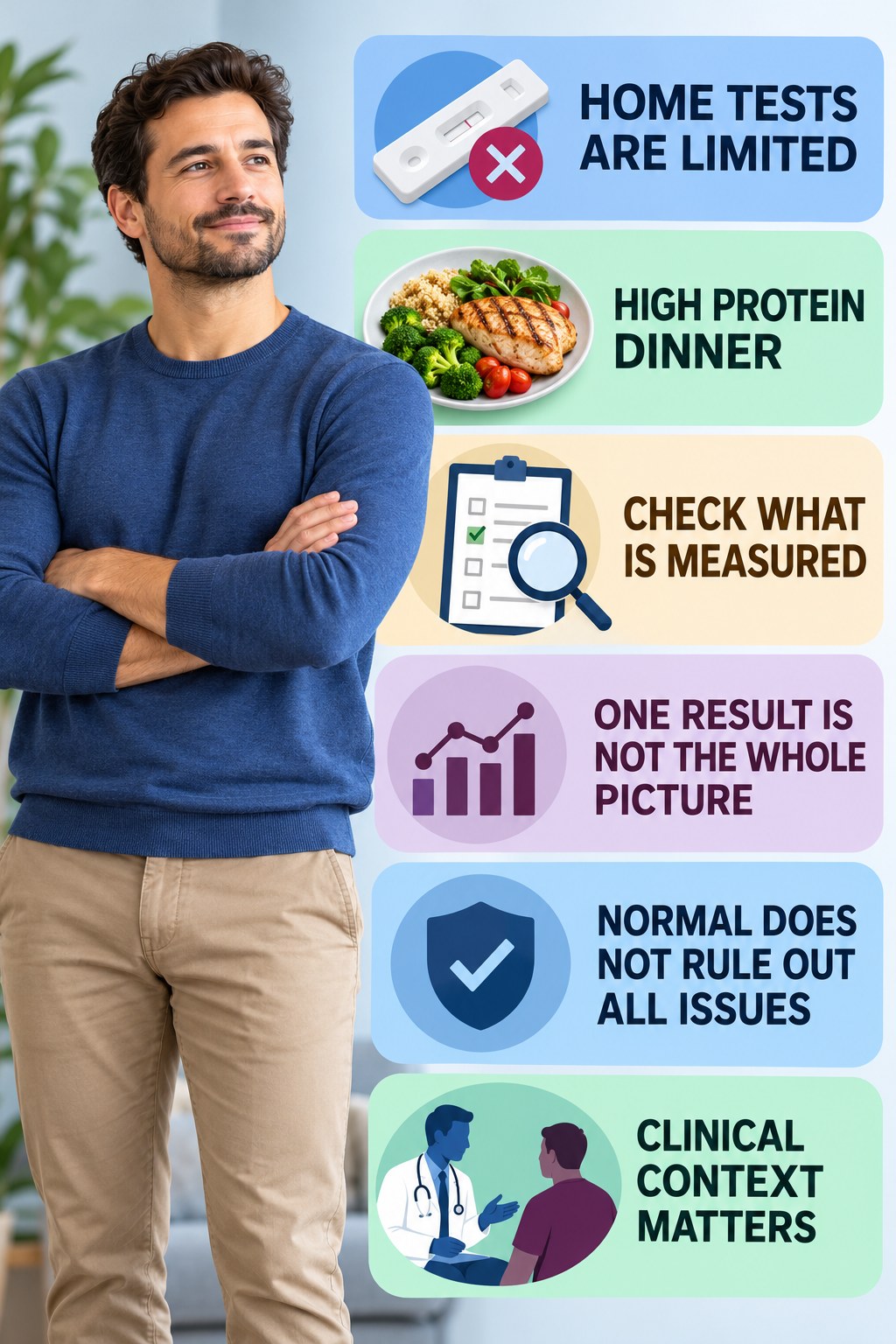 Home Fertility Tests Have Limits infographic for High Protein Dinner with four concise, non-shaming sexual-health education points.