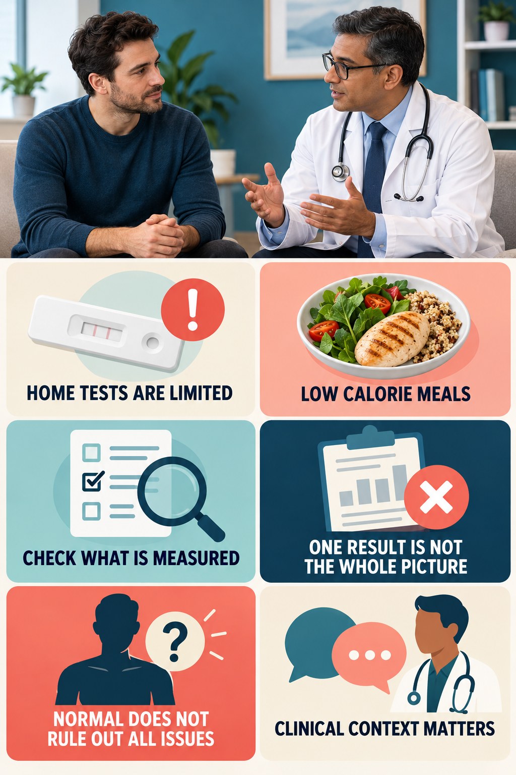 Home Fertility Tests Have Limits infographic for Low Calorie Meals with four concise, non-shaming sexual-health education points.