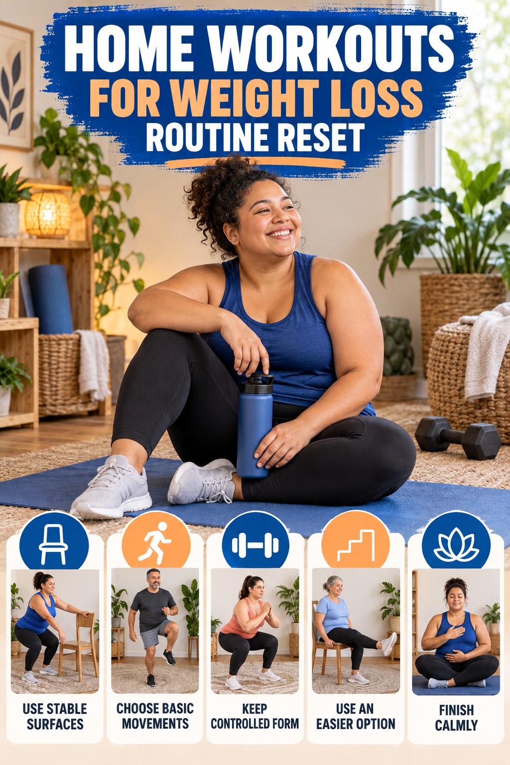 Home Fitness Routine Reset for Home Workouts for Weight Loss with five readable routine-reset cues and a realistic board-relevant wellness scene.