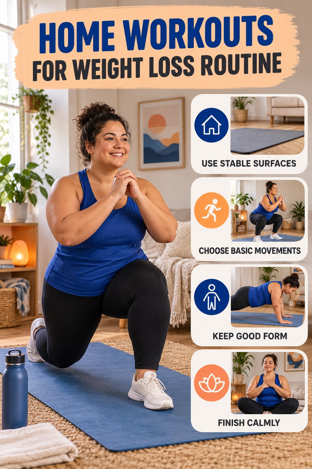 Home Fitness Wellness Routine for Home Workouts for Weight Loss with four readable routine cues and a realistic board-relevant wellness scene.