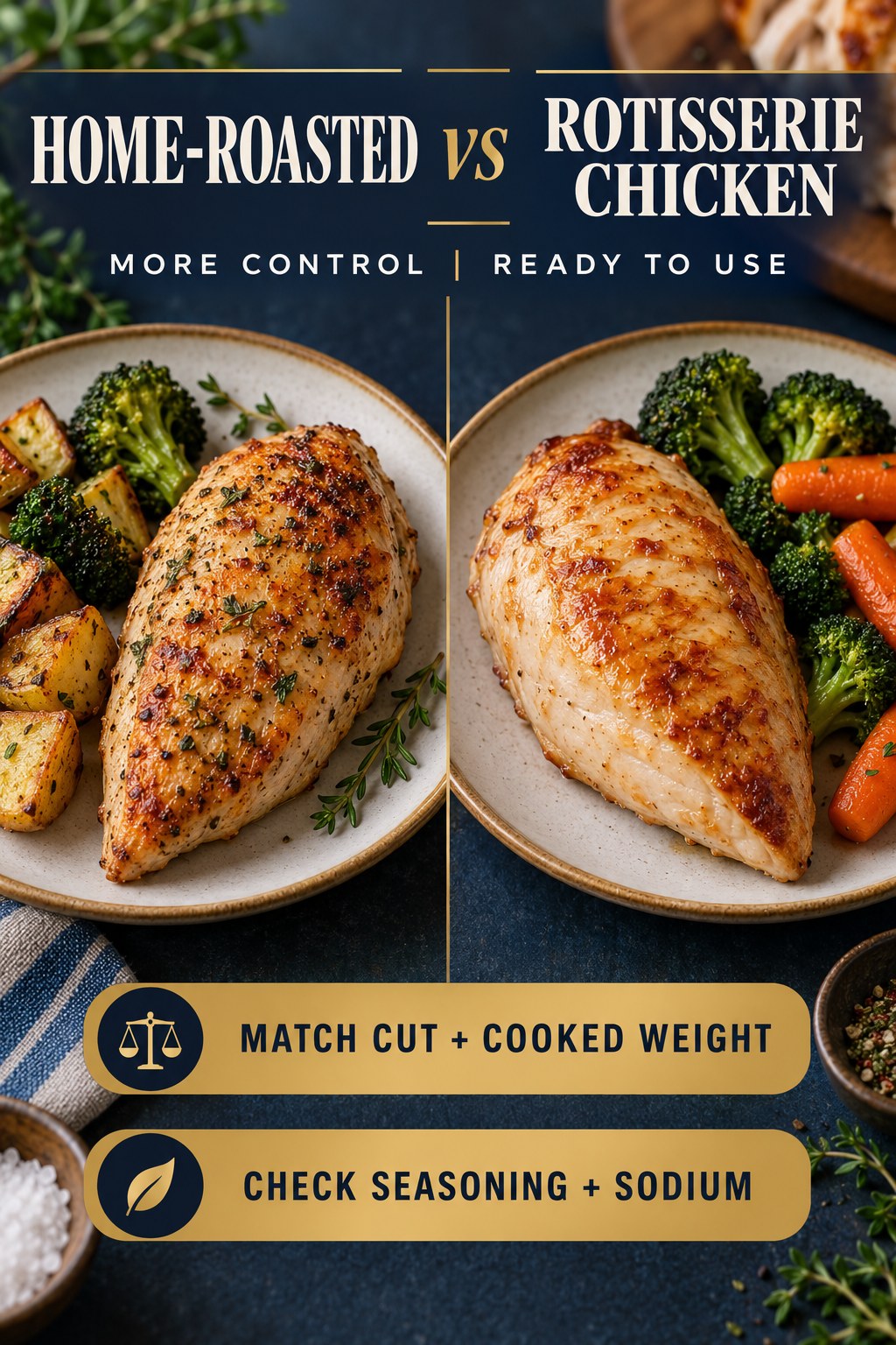Home-roasted and rotisserie chicken in equal skinless portions from similar cuts, compared for sodium and convenience.