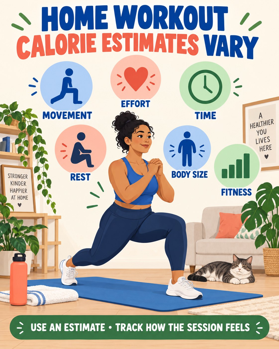 Home workout infographic showing movement, effort, time, rest, body size and fitness as calorie-estimate factors