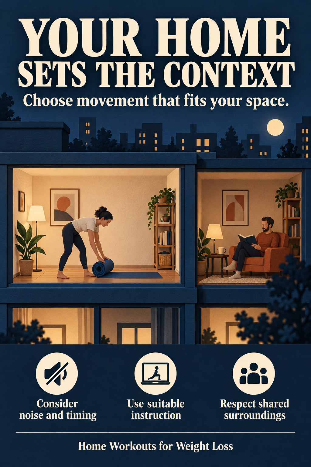 Stylized apartment cutaway with an adult preparing a quiet exercise area and neighbors in separate rooms