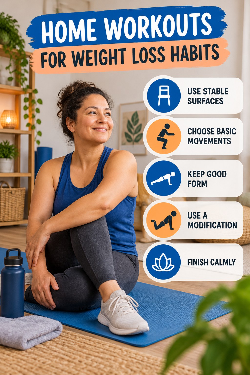 Home Workout Habits for Home Workouts for Weight Loss with five readable habit cues and a realistic board-relevant wellness scene.
