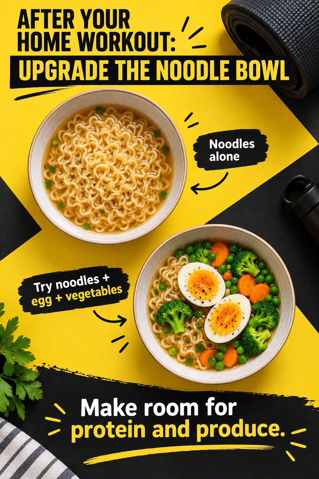 Yellow and black graphic compares noodles alone with a bowl containing noodles, cooked egg halves, peas, carrots, and broccoli.