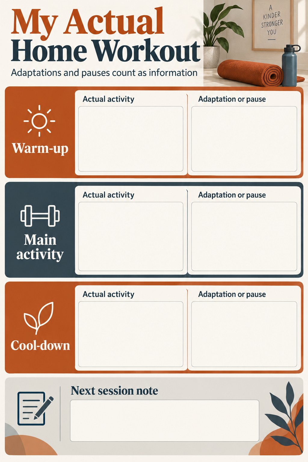 Blank home workout tracker with warm-up, main activity, cool-down, actual activity, and adaptation fields.