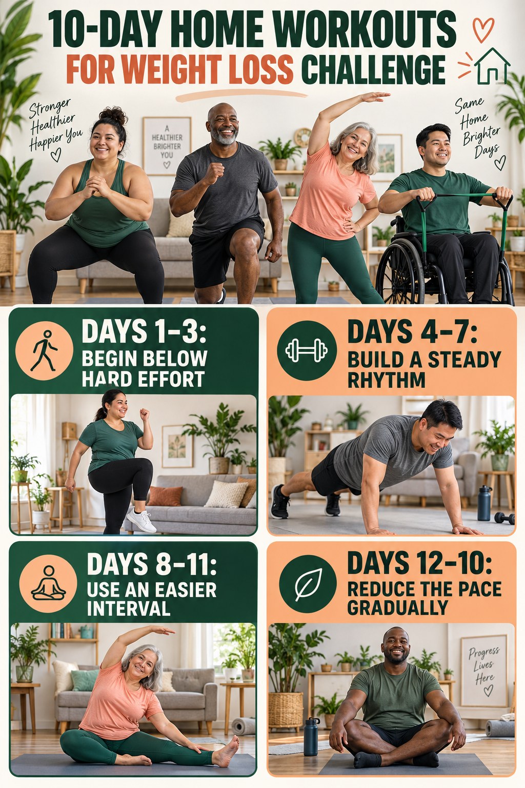 10-day Home Workouts for Weight Loss challenge graphic showing four manageable milestones for consistent practice.