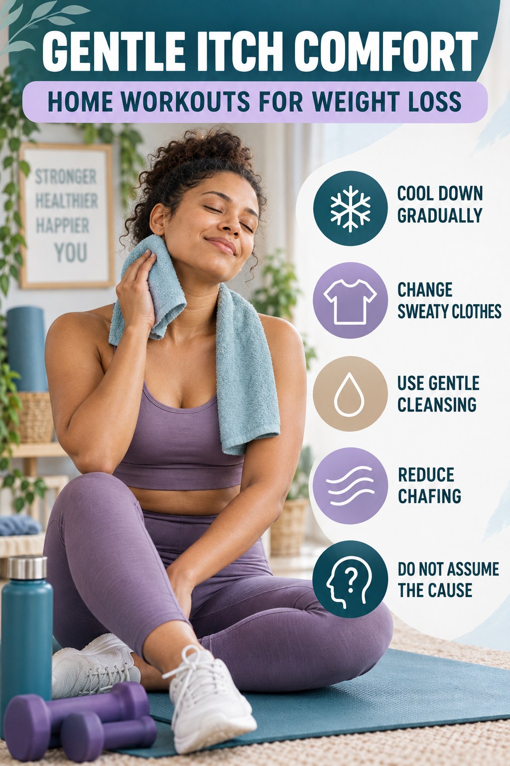 After-Activity Skin Comfort infographic for Home Workouts for Weight Loss with five gentle itchy-skin comfort strategies and a non-diagnostic safety focus.
