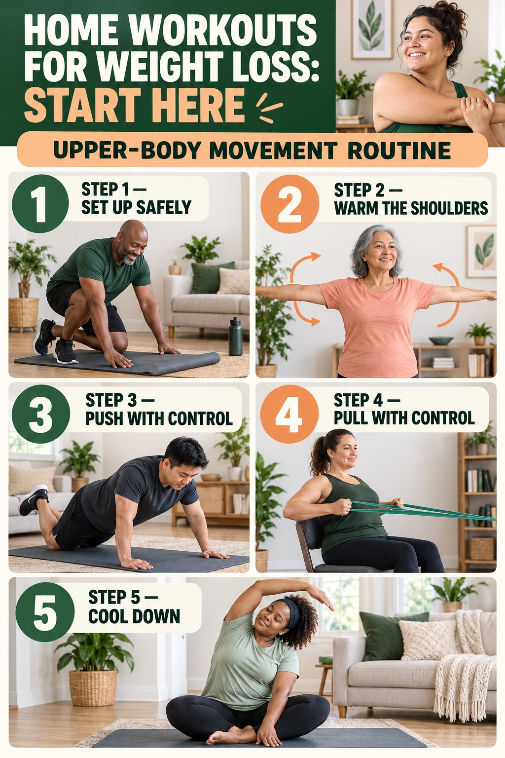 Home Workouts for Weight Loss beginner guide graphic showing five manageable stages for upper-body movement routine.
