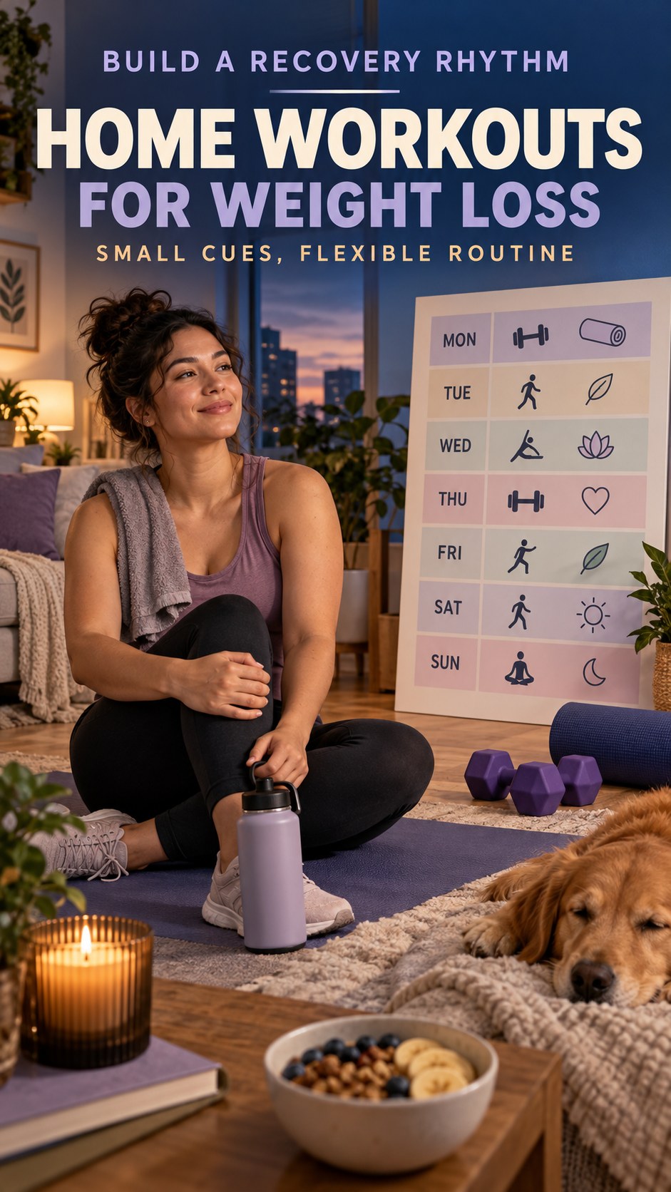 Consistent Recovery Schedule infographic for Home Workouts for Weight Loss, showing a flexible and calming evening wellness routine.