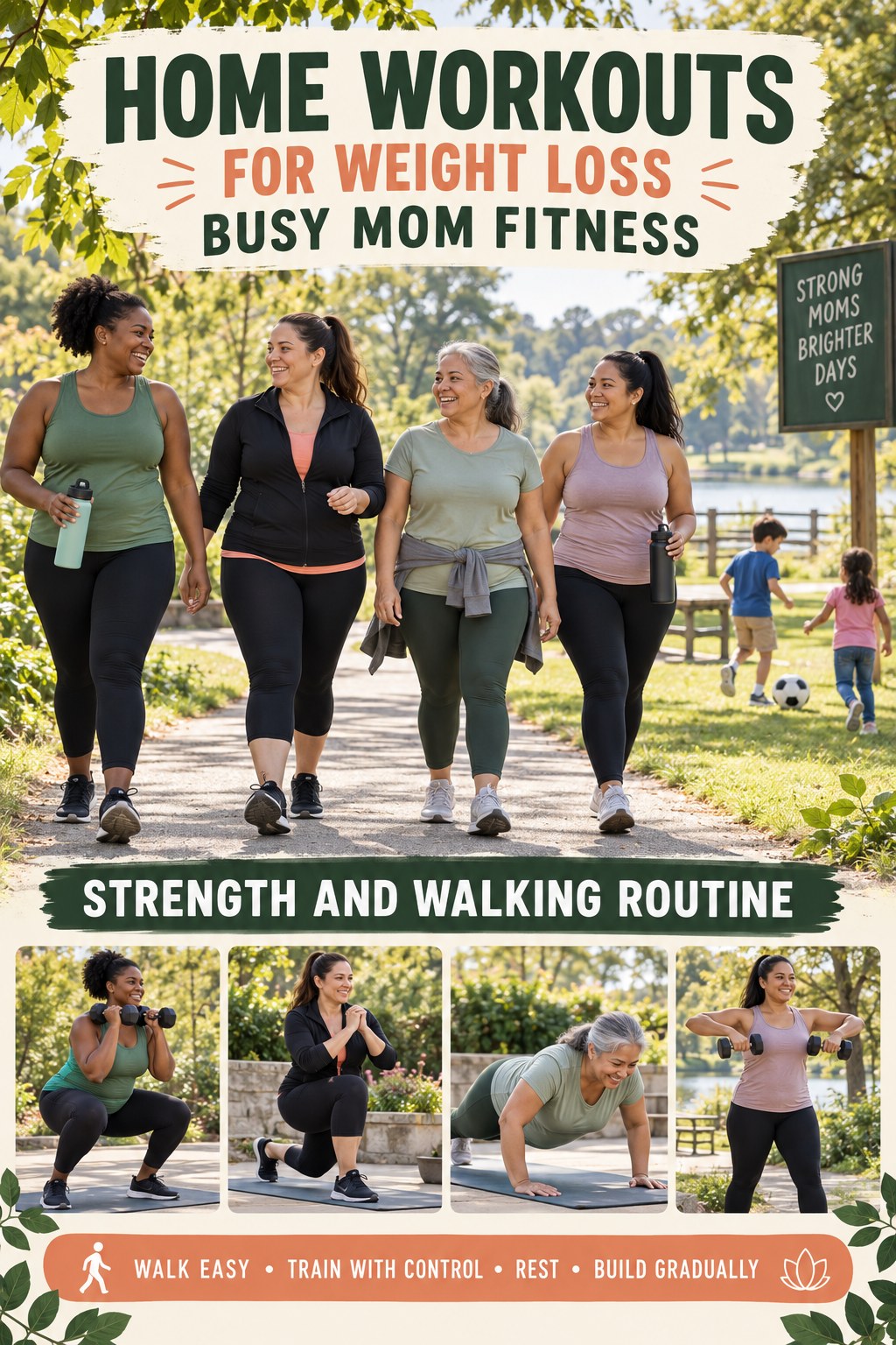 Home Workouts for Weight Loss busy-mom fitness graphic titled Strength and Walking Routine with four practical movement prompts.