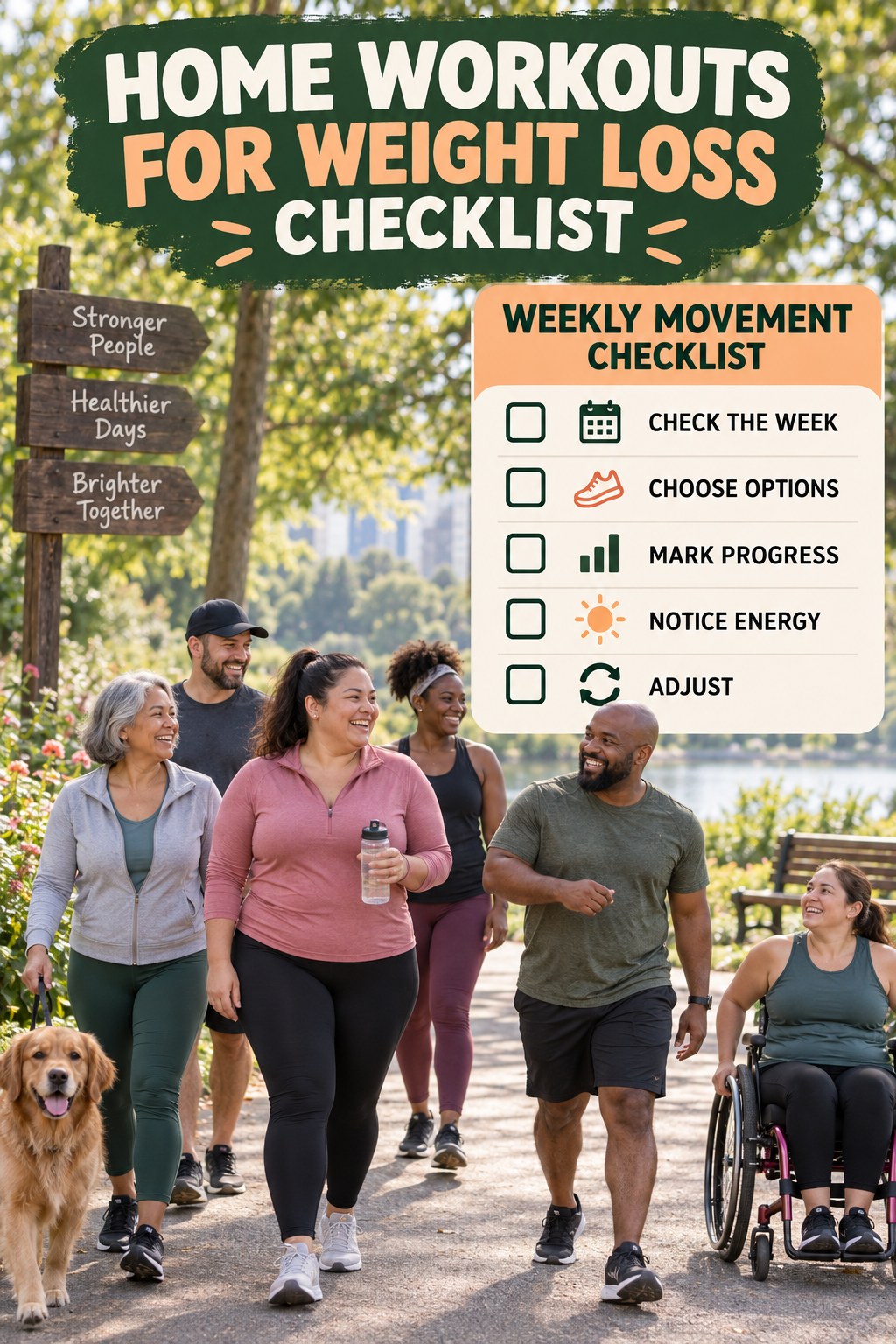 Home Workouts for Weight Loss checklist graphic titled Weekly Movement Checklist with five clear practical wellness items.