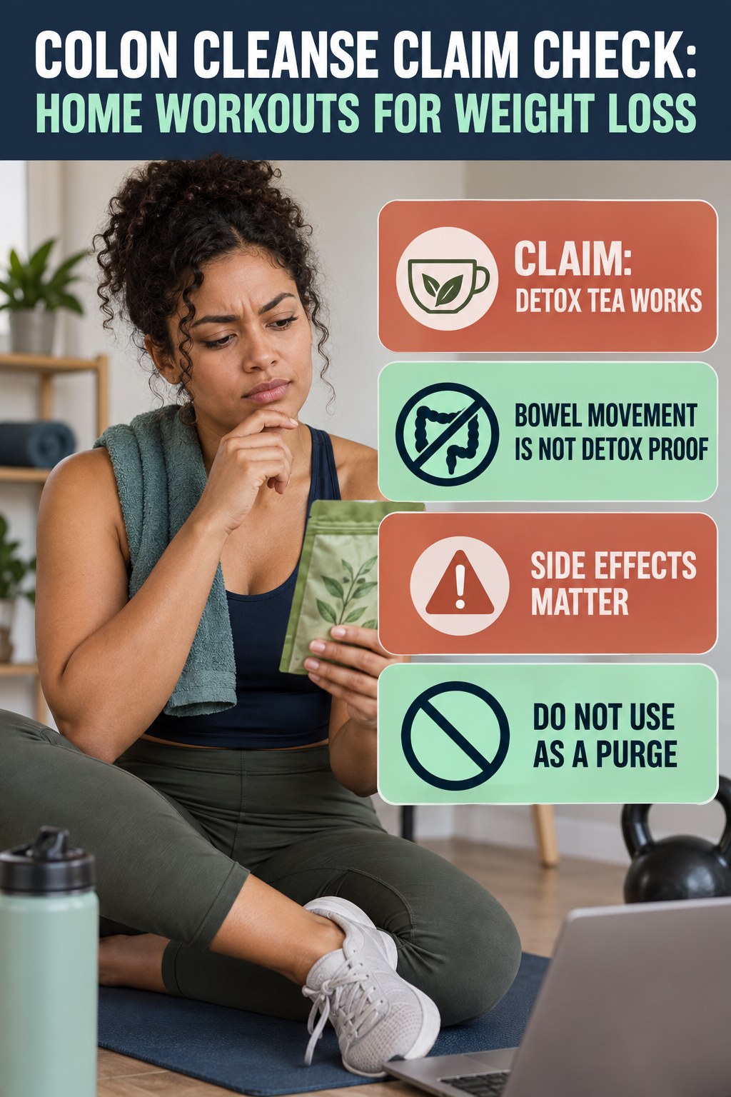 Detox Tea and Laxative Claims infographic for Home Workouts for Weight Loss, separating a colon-cleanse marketing claim from evidence, reasonable conclusions, and safety context.