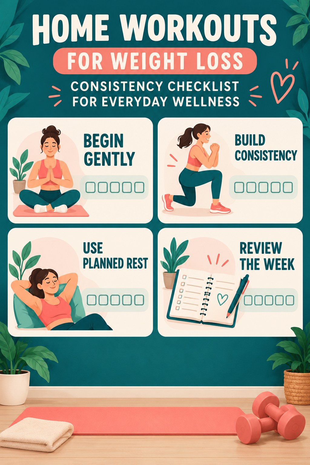 Home Workouts for Weight Loss Consistency Checklist for Everyday Wellness infographic with checkboxes for begin gently, build consistency, use planned rest, review the week.