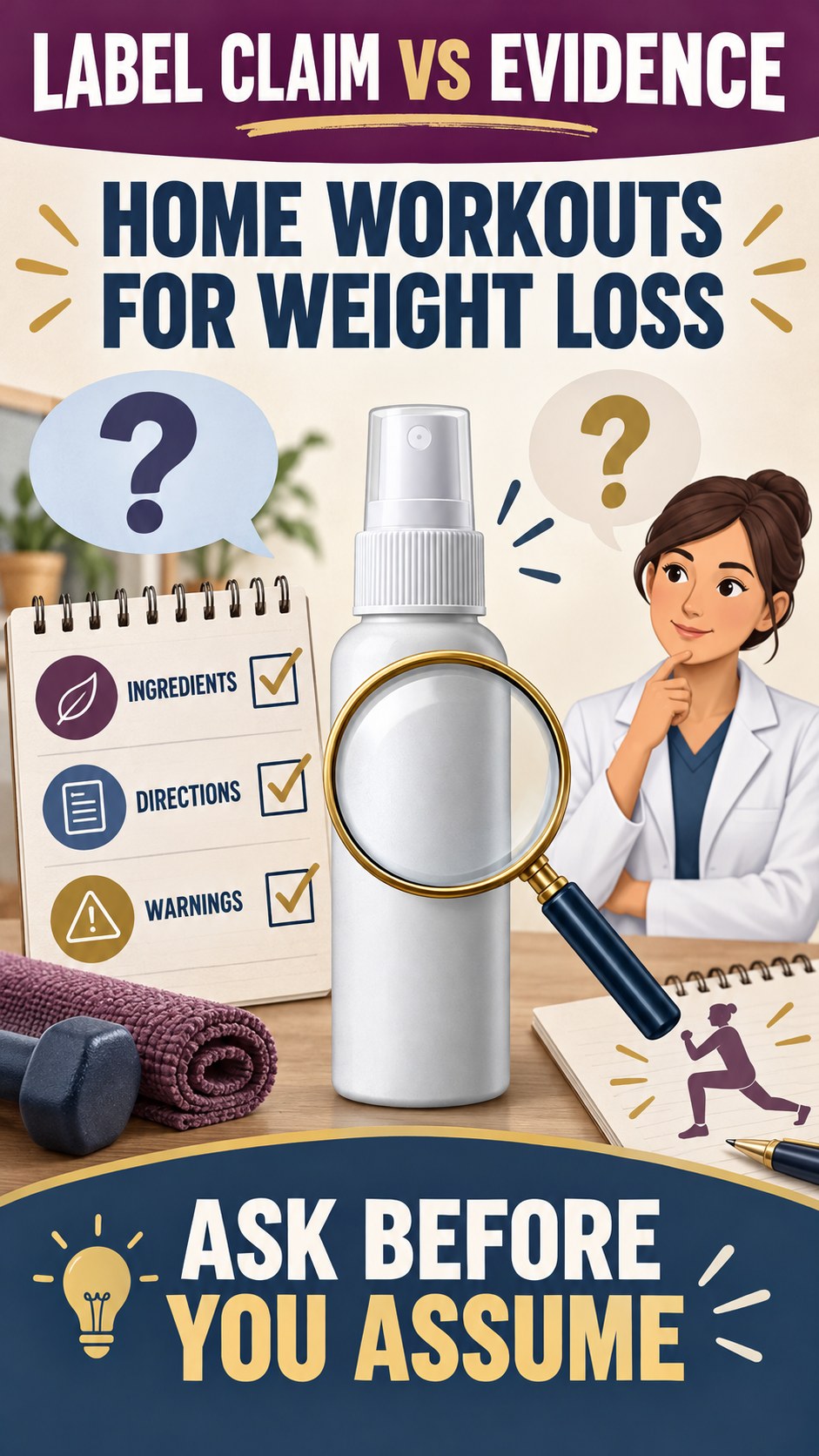Consumer Questions Checklist infographic for Home Workouts for Weight Loss, showing a generic spray-label checklist that separates available facts, missing details, and evidence questions.