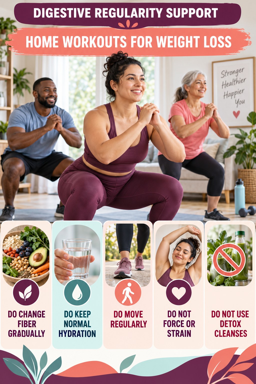 Digestive Wellness Do and Do Not infographic for Home Workouts for Weight Loss with five practical food, hydration, movement, or routine actions and no cleanse claims.