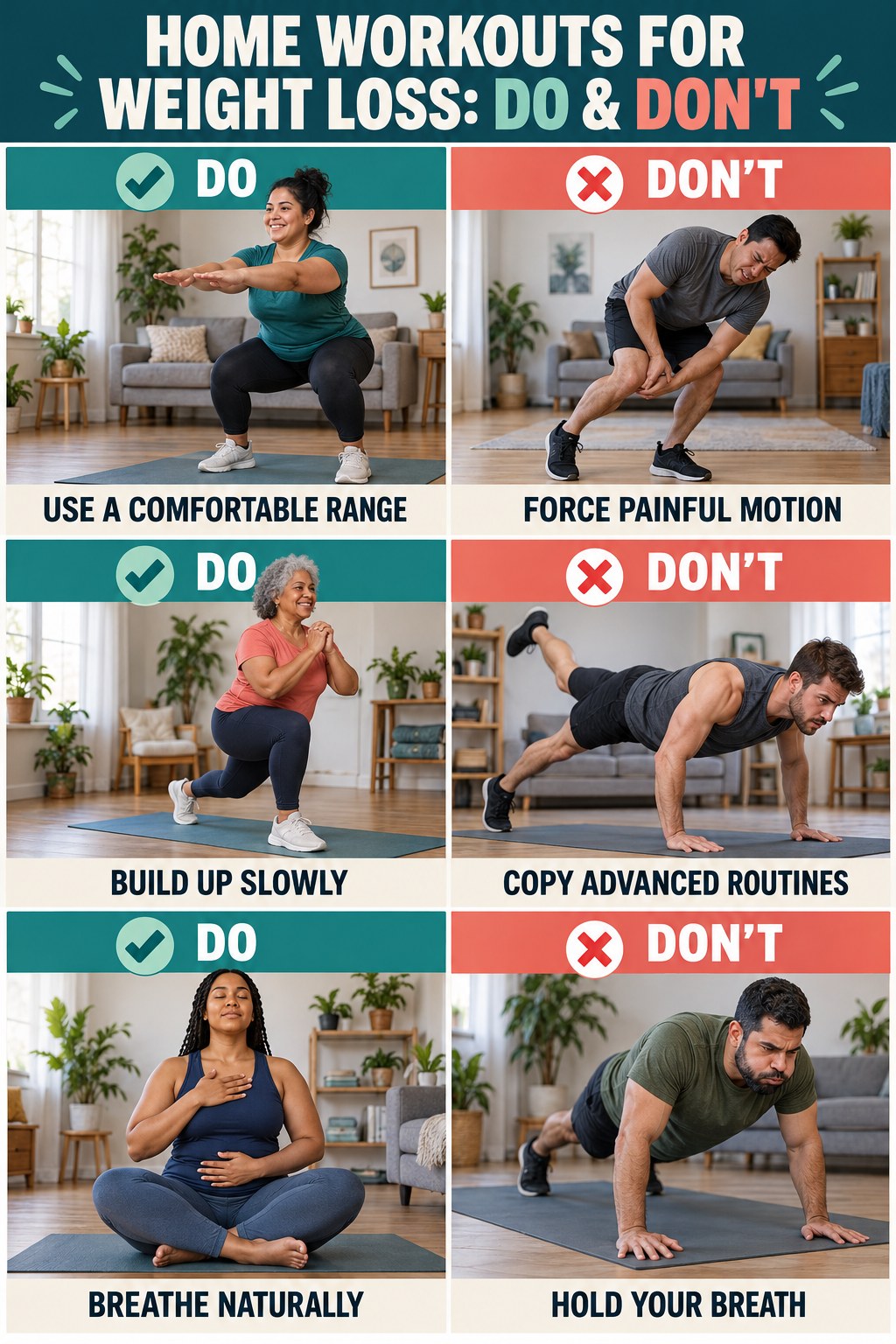 Home Workouts for Weight Loss Do and Don’t comparison graphic showing three practical behavior pairs for walking practice.