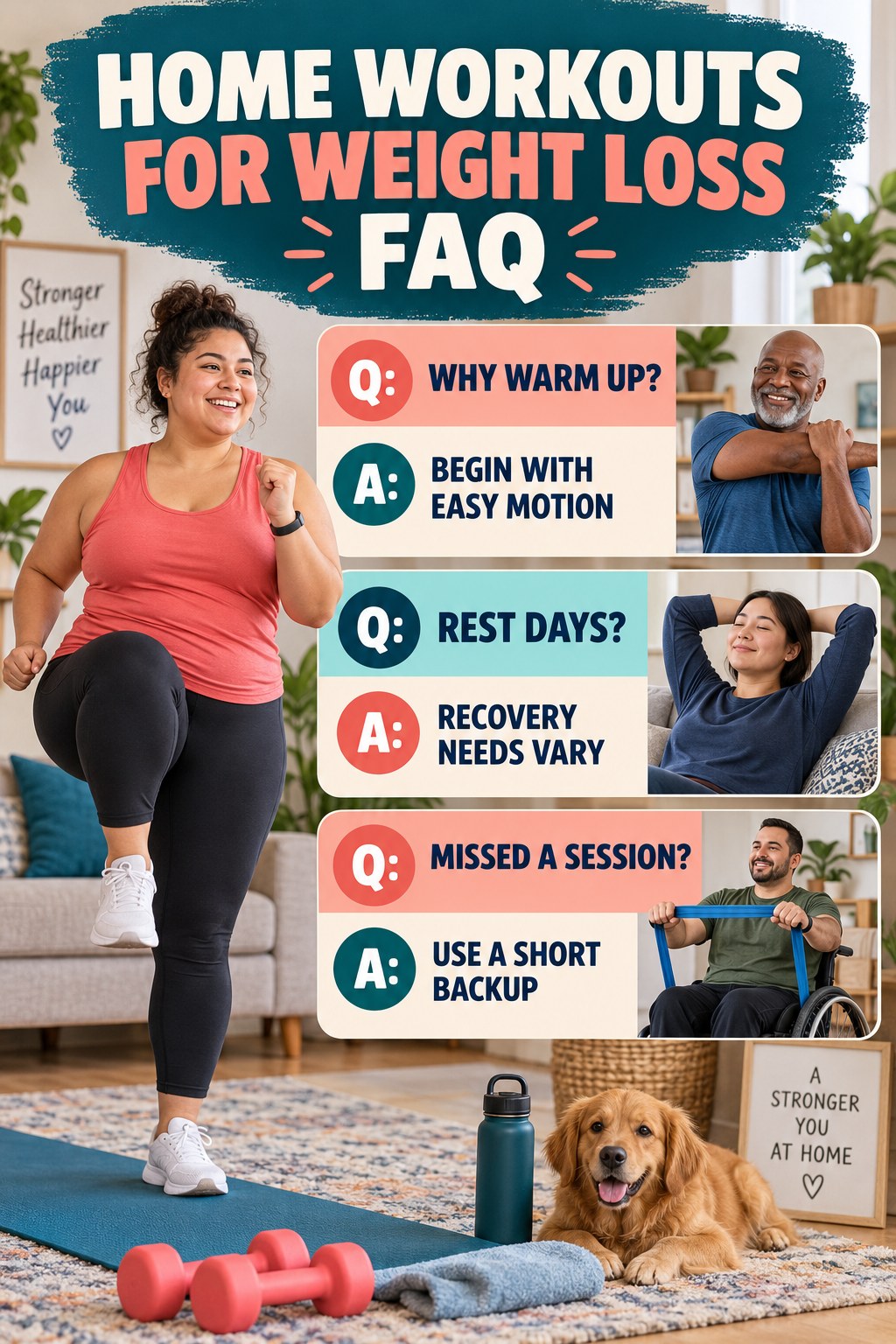 Home Workouts for Weight Loss FAQ graphic with three concise questions and practical answers for beginners.