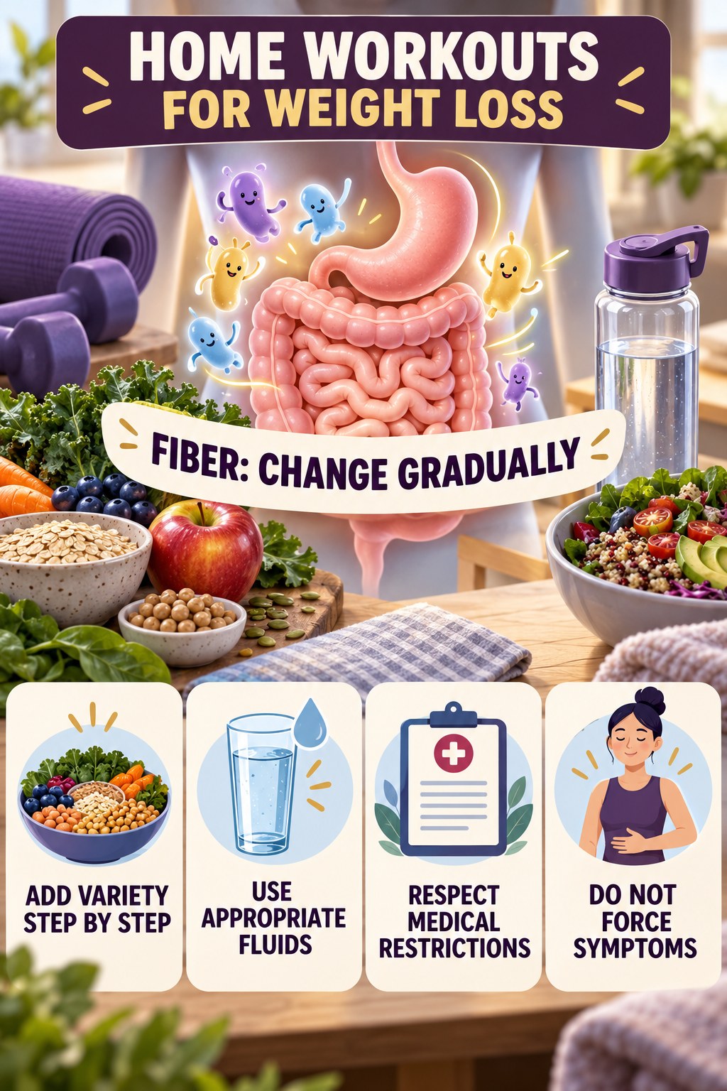 Fiber Changes Should Be Gradual educational infographic for Home Workouts for Weight Loss with four evidence-aware points.